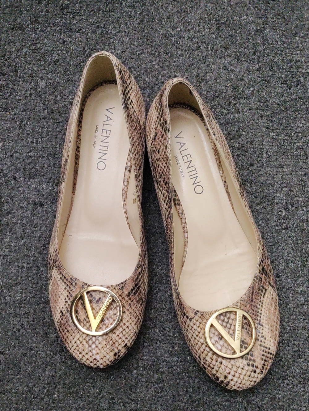 Valentino Beige Snakeskin-Pattern Ballet Flats with Gold V Emblem